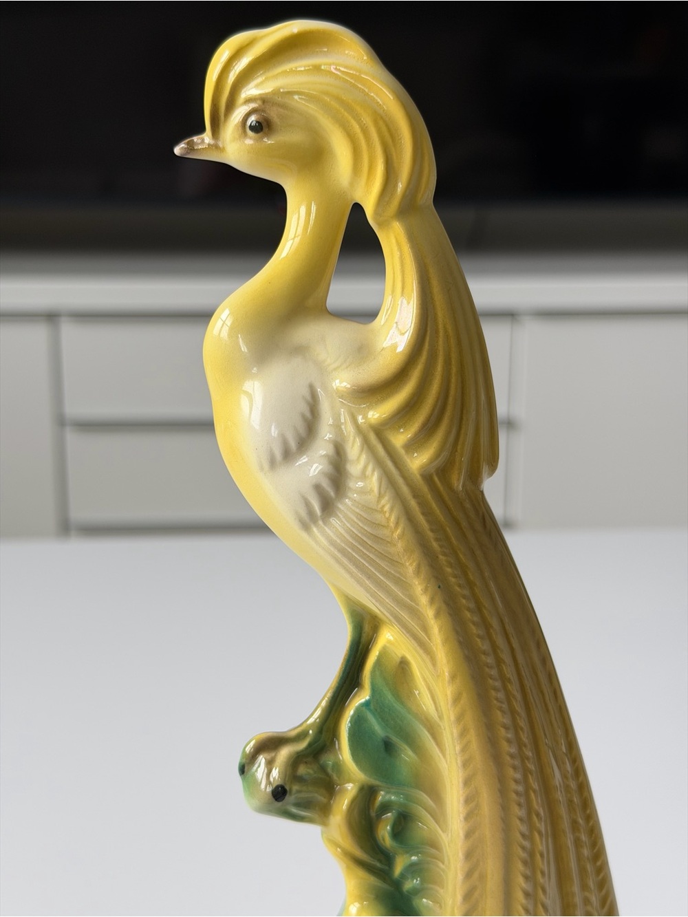Vintage Ceramic Peacock Figurine Yellow Glossy Mid-Century Decor Bird Statue - Picture 2 of 11
